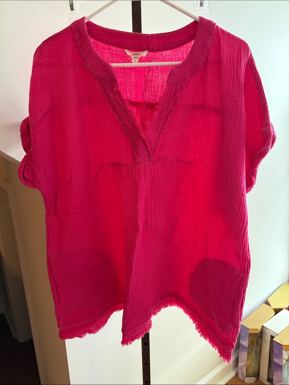 entro Hot Pink Gauze V-Neck Pullover Tunic
